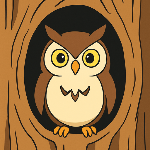 gambar 2d anime burung hantu dalam lubang pohon.
In-Game asset.  2d.  High contrast.  No shadows