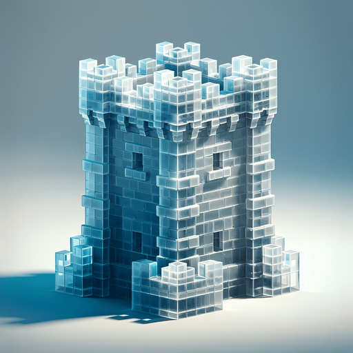 A turret tower constructed out of square ice blocks. Front view perspective. Single Game Texture. In-Game asset. 2d. Blank background. High contrast. No shadows.