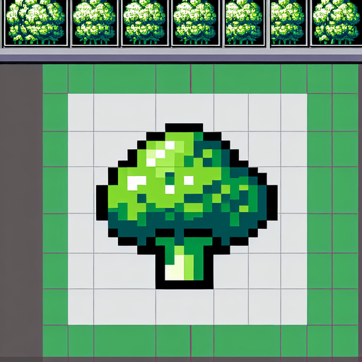 broccoli.
Single Game Texture. In-Game asset. 2d. Blank background. High contrast. No shadows. 8bit