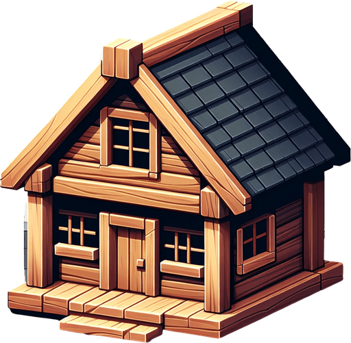 wooden house.
Single Game Texture. In-Game asset. 2d. Blank background. High contrast. No shadows.