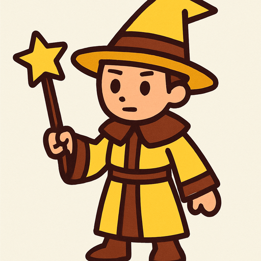 Mago con sombrero amarillo y marrón sin barba con varita con estrella sin barba, de cuerpo entero.
In-Game asset.  2d.  High contrast.  No shadows