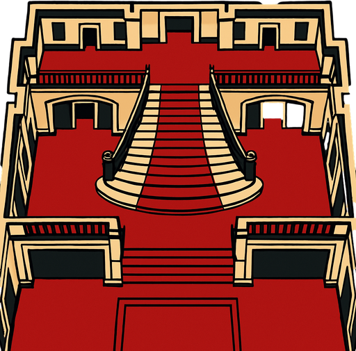 una mansion con piso rojo vista completa y totalmente desde arriba y desde dentro con una escalera grande igual que la de scarface la pelicula y pasillos a los lados.
In-Game asset.  2d.  High contrast.  No shadows