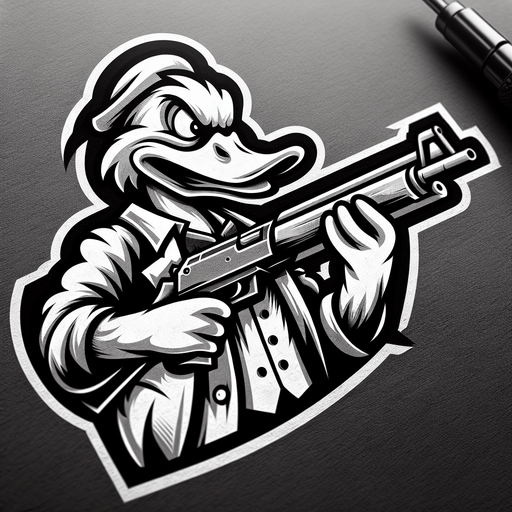 Duck with a gun title logo.
Single Game Texture. In-Game asset. 2d. Blank background. High contrast. No shadows.