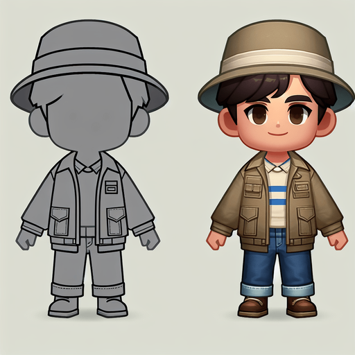 A boy with jacket hat and shirt pants.
Single Game Texture. In-Game asset. 2d. Blank background. High contrast. No shadows.