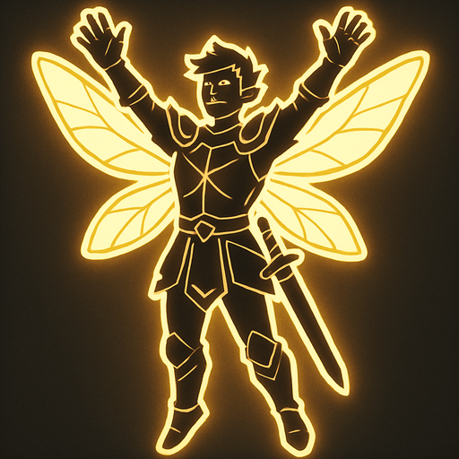 kesatria peri pria seluruh badan bercahaya melayang dengan tangan merengggang keatas.
In-Game asset.  2d.  High contrast.  No shadows