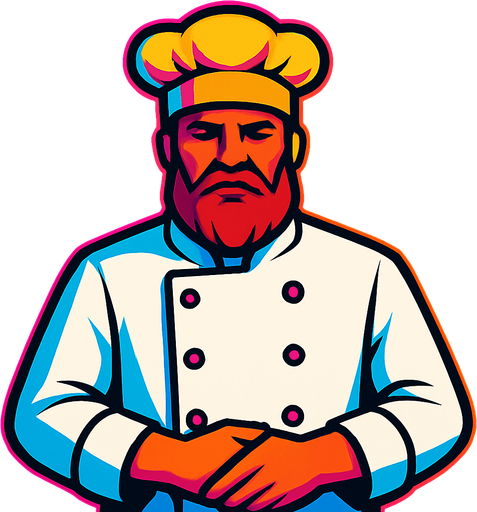 This man with no fishing rod and chefs clothes on, facing forward.