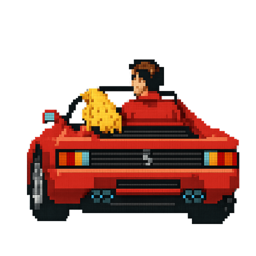 The red car from Out Run, the retro arcade game, vertical, lookip up, pixel. There should be a man driver and a lady with blond hair on the copilot seat
In-Game asset.  2d.  High contrast.  No shadows