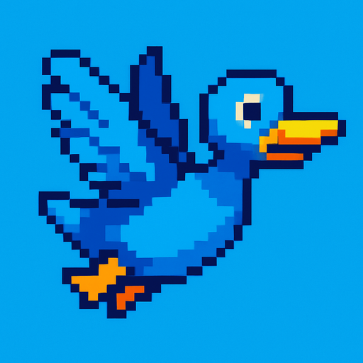 pixart blue duck flying.
In-Game asset.  2d.  High contrast.  No shadows
