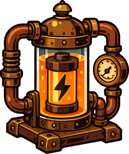 una bateria energetica estilo steampunk.
In-Game asset.  2d.  High contrast.  No shadows