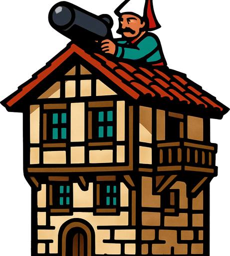 tripleks bir osmanlı evi çiz. Çatısında top mermisi ateşlemek üzere olan bir yeniçeri askeri olsun.
In-Game asset.  2d.  High contrast.  No shadows