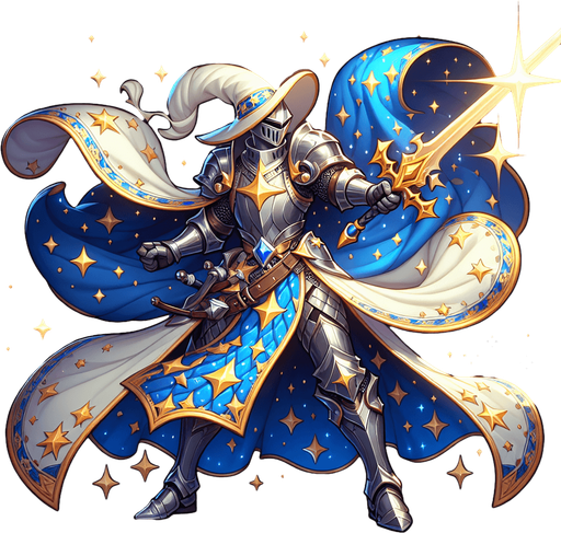 Heroic wizard knight wearing knight armor with a star pattern and wielding a sword..
Single Game Texture. In-Game asset. 2d. Blank background. High contrast. No shadows.