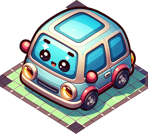 A cute looking car, facing up, viewed top down. Suitable for a game.

Single Game Texture. In-Game asset. 2d. Blank background. High contrast. No shadows.