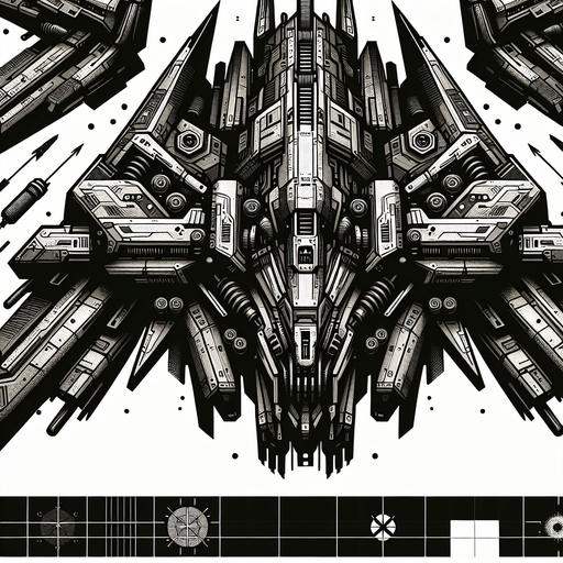 Terminator style 2D enemy ship. Facing dead south.
Single Game Texture.  In-Game asset.  2d.  Blank background.  High contrast.  No shadows