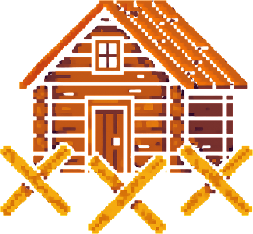 casa de madera con barricadas de pixeles.
In-Game asset.  2d.  High contrast.  No shadows
