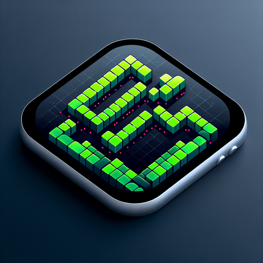 A square app store icon with rounded edges, designed for a hacking game about connecting a line. The icon features a highly angular, pixelated snake-like line in bright green, built from sharp, connected shapes aligned perfectly within a square grid. The snake's angular, segmented design conveys the strategic and technological theme of the game.

The background is a subtle dark gradient, transitioning from deep grey to black, with faint grid lines barely visible to suggest a digital environment. Scattered subtly in the background are tiny red dots, representing bugs, blending seamlessly into the design without overpowering the focus on the snake. The overall look is clean, modern, and sharp, embodying the futuristic and technical essence of the game..
Single Game Texture. In-Game asset. 2d. Blank background. High contrast. No shadows.
