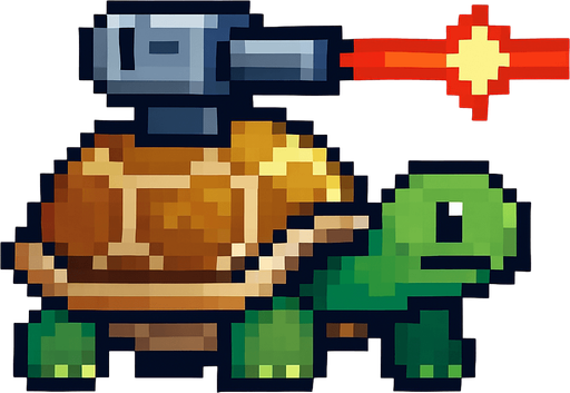 a turtle with a laser on her shell, pixel art.
In-Game asset.  2d.  High contrast.  No shadows