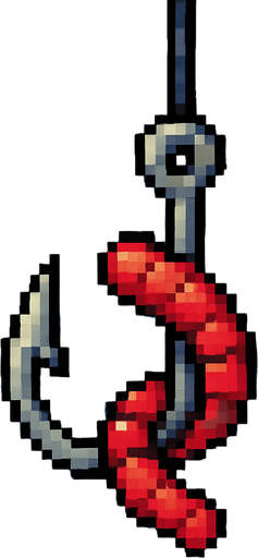 2D pixel art of a fishing hook with a red bait attached, hanging in water with bubbles, retro 16-bit style..
In-Game asset.  2d.  High contrast.  No shadows