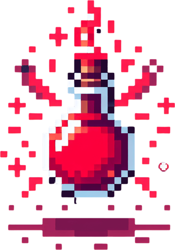 A small red potion. Pixel art..
Single Game Texture.  In-Game asset.  2d.  Blank background.  High contrast.  No shadows