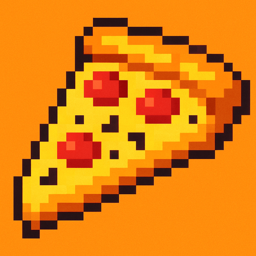 Pixilated pizza.
In-Game asset.  2d.  High contrast.  No shadows