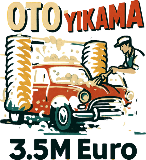 Oto yıkama ile alakalı bir görsel oluştur . Bu görselin altında 3.5M Euro yazsın. Retro temada bir görsel olsun ..
In-Game asset.  2d.  High contrast.  No shadows