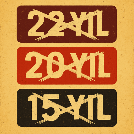 "22 Yıl" bordo renk
"20 Yıl" kırmızı renk
"15 Yıl" beyaz renk 
şeklinde bir görsel oluştur , üstü X şeklinde olsun . retro temada olsun !.
In-Game asset.  2d.  High contrast.  No shadows. 2