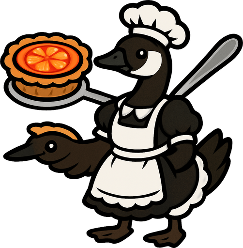 A Canadian Goose in maid chef outfit armed with spoon with tangerine pie on it.
In-Game asset.  2d.  High contrast.  No shadows