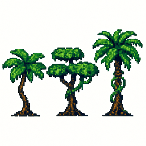 Generame arboles pixelar, de jungla, en fondo balnco.
In-Game asset.  2d.  High contrast.  No shadows