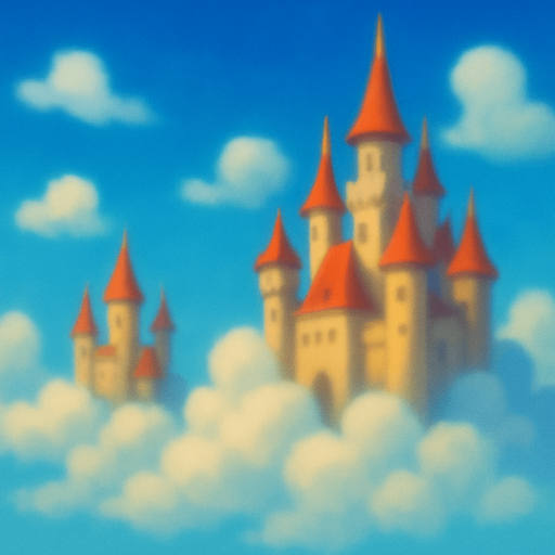 cielo con castillos y nubes de fondo, que se vea borroso.
In-Game asset.  2d.  High contrast.  No shadows