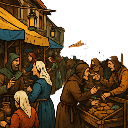 A crowded medieval street market with colorful tents, villagers bargaining, hanging lanterns, dirt road and wooden stalls, lively and rustic, realistic.
In-Game asset.  2d.  High contrast.  No shadows