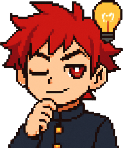 A kawaii anime boy with red eyes and a serious expression stands with his eyes closed, resting a hand under his chin in a thoughtful pose. He’s wearing a traditional Japanese school uniform called a gakuran. Suddenly, a lightbulb appears above his head—the classic symbol of a brilliant idea. He opens his eyes with determination, a confident smile forming on his face. It's Pixel Art.
