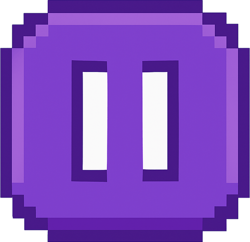 Pixel art pause button, purple color, rounded corners, 8-bit UI style, minimal design, no background, 80x80 size, suitable for mobile rhythm game interface.
In-Game asset.  2d.  High contrast.  No shadows