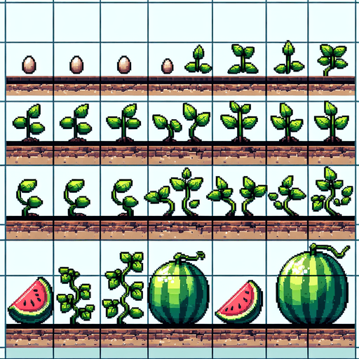 A spritesheet showing a watermelon plant in various stages of germantion, from seed over sapling and to full grown plant, and then the ripe watemelon. The sprites should be laid out in a rectangular grid with blank space between them.. Single Game Texture. In-Game asset. 2d. Blank background. High contrast. No shadows..
Single Game Texture. In-Game asset. 2d. Blank background. High contrast. No shadows.