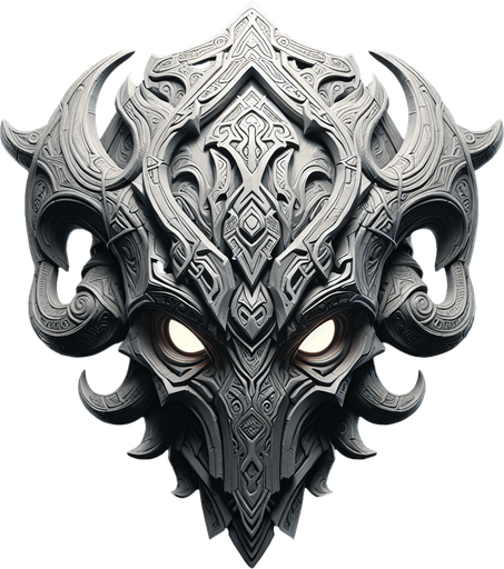 An imposing, ornate tribal mask or helmet, perhaps with glowing eyes or runic carvings..
Single Game Texture.  In-Game asset.  2d.  Blank background.  High contrast.  No shadows