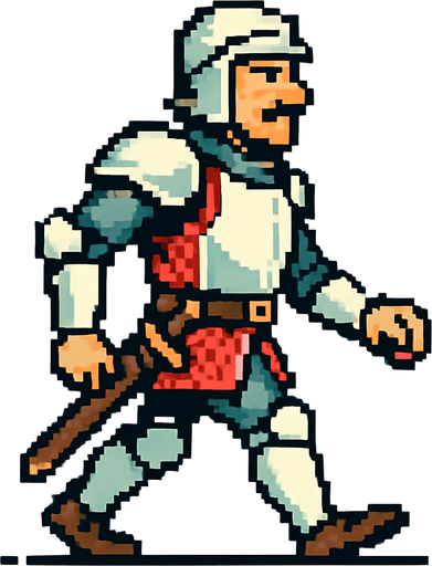 şovalye kıyafetli orta yaşlı bir adam belinde kılıcıyla sağdan sola yürür gibi.
In-Game asset.  2d.  High contrast.  No shadows