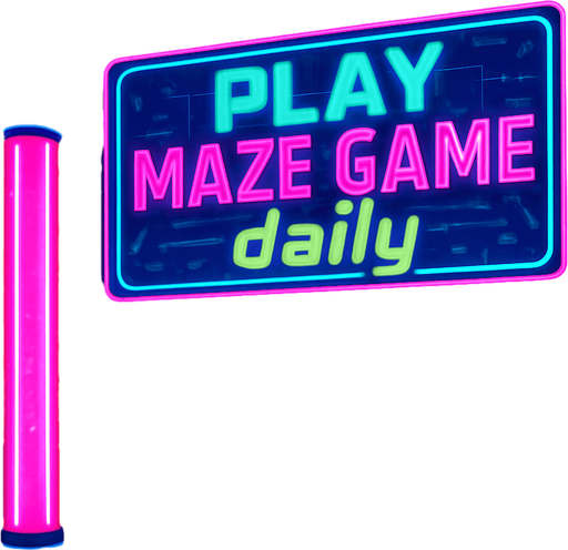 “Render a futuristic plaza interior with holographic directories, neon columns, and reflective glass panels. A massive overhead display reads ‘Play Maze Game daily’ in bold animated text. Include drifting digital confetti effects, subtle rain droplets on glass, and ambient neon glow—no characters or coins.”.
In-Game asset.  2d.  High contrast.  No shadows
