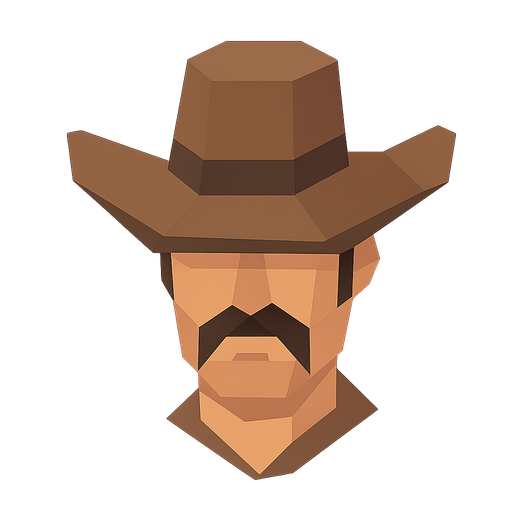 a cow boy head from top of the screen lowpoly. No background. Transparent background. Blank background. No shadows. 2d. In-Game asset. flat