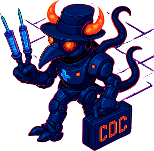 Neon cyberpunk anime top down isometric animatronic plague doctor cyborg demon medic CDC corporate robot monster disease pestilence medicine syringes Walking