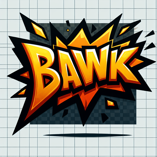 Cartoon-style rectangular speech bubble with a sharp, dynamic outline. Inside the bubble, create the text ‘BAWK’ in bold, vibrant orange-to-yellow gradient lettering, with a thick black jagged shadow for contrast. The text should have a dynamic comic-style font and appear slightly 3D. The bubble should have a sharp tail pointing downward, consistent with comic-style speech bubbles. The intent is that we are shouting "BAWK"..
Single Game Texture.  In-Game asset.  2d.  Blank background.  High contrast.  No shadows