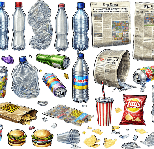 Big Sprite sheet of the most symbolic consumer waste: plastic bottle, plastic bag, can, newspaper sheet, empty hamburger wrapper, can, disposable cup with straw, opened bag of chips, opened can, and others....
game sprite sheet. blank background