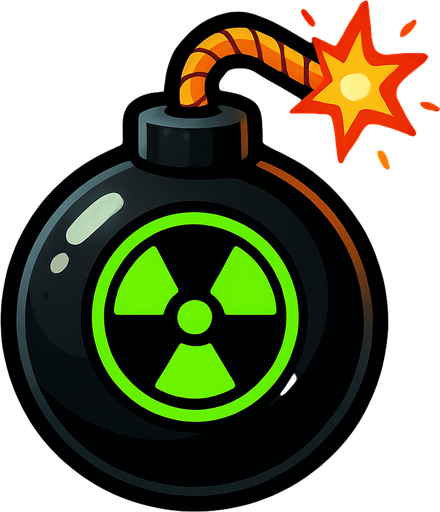 fitili ateşlenmiş parlak üzerinde yeşil tehlike işareti olan siyah bomba.
In-Game asset.  2d.  High contrast.  No shadows