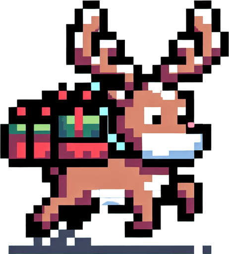 8 bit. raindeer bringing x-mas pressents. in game asset. Single Game Texture. In-Game asset. 2d. Blank background. High contrast. No shadows.
