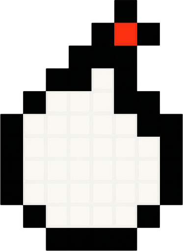 una bomba redonda, color blanco con bordes de color negro, es pixeleada de 16x16 (la imagen tiene fondo rojo).
In-Game asset.  2d.  High contrast.  No shadows