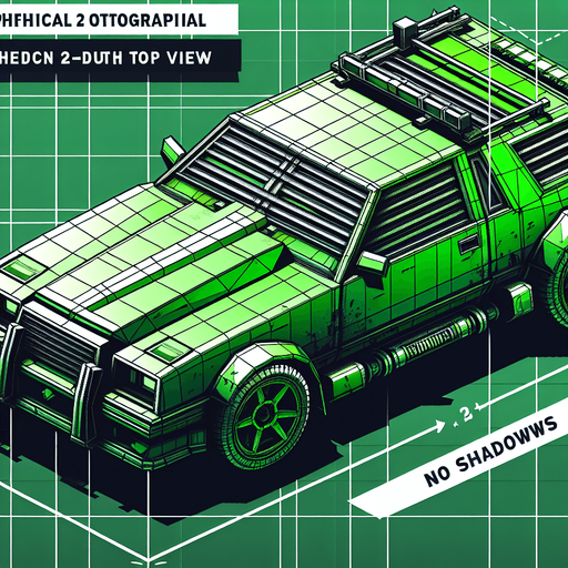 green thug car. orthographic top view.
Single Game Texture.  In-Game asset.  2d.  Blank background.  High contrast.  No shadows