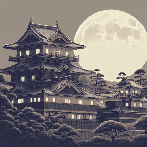 2d image. ancient meiji castle japan at night on full moon.
Single Game Texture.  In-Game asset.  2d.  Blank background.  High contrast.  No shadows. 2d image. full moon night. ancient temple meiji castle. surround of japanese forest