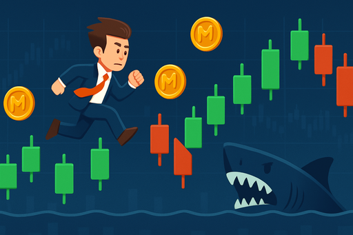 Fullscreen modern App Store landscape banner, 16:9, high definition, for a game titled "StockSharks: Market Runner" and with the description "Navigate through an endless stream of stock market charts in this fast-paced runner. Jump on ascending green signals, avoid descending red ones, collect memecoins for bonus points, and stay away from the shark patrolling the bottom of the screen to achieve the highest score possible.". No text on banner!