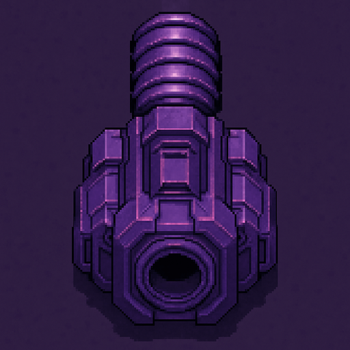top down sci-fi fat barrel cannon with ridges, purple metal, pixel art
