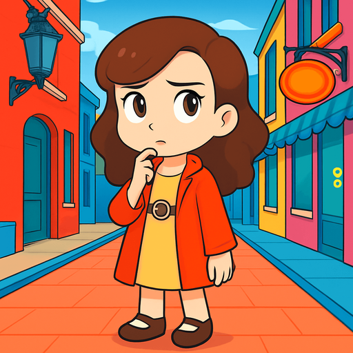 Make her stand still and thinking look on face with finger on her chin