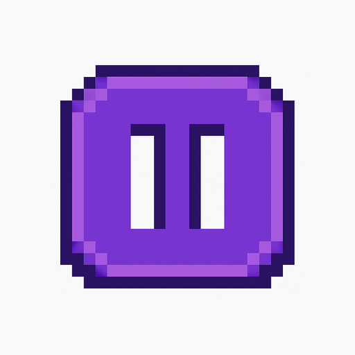 Pixel art pause button, purple color, rounded corners, 8-bit UI style, minimal design, no background, 80x80 size, suitable for mobile rhythm game interface.
In-Game asset.  2d.  High contrast.  No shadows