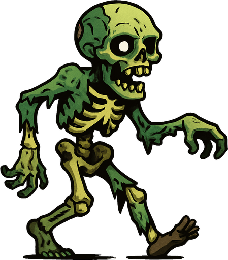 Esqueleto zombi en cuerpo completo caminando.
In-Game asset.  2d.  High contrast.  No shadows