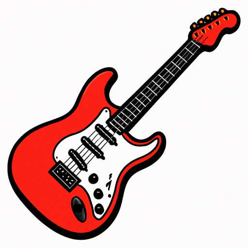 kırmızı renkli elektro gitar yan dursun çalmaya hazır gibi görünsün.
In-Game asset.  2d.  High contrast.  No shadows